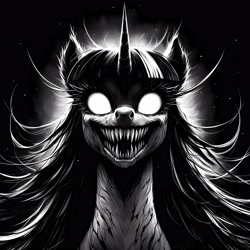 Size: 4096x4096 | Tagged: safe, imported from twibooru, twilight sparkle, pony, unicorn, absurd resolution, ai content, ai generated, anonymous prompter, body horror, dark background, eldritch abomination, generator:bing image creator, generator:dall-e 3, glowing eyes, image, needs more jpeg, sharp teeth, simple background, solo, stars, teeth, upscaled