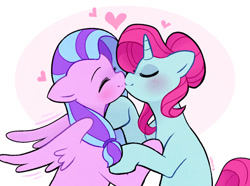 Size: 600x447 | Tagged: safe, artist:cuteosphere, flitterheart, snowcatcher, pegasus, pony, unicorn, female, image, kissing, lesbian, needs more jpeg, shipping