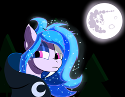 Size: 1931x1505 | Tagged: safe, artist:solarflare6041, imported from derpibooru, oc, oc only, oc:solar eclipse, pony, blue mane, bust, cloak, clothes, constellation, mare in the moon, moon, night, pink eyes, simple background