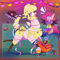 Size: 1000x1000 | Tagged: safe, artist:ayyolilikoi, imported from derpibooru, pinkie pie, earth pony, pony, them's fightin' herds, candy, candy bar, candy corn, clothes, community related, costume, duo, duo female, emanata, female, food, halloween, halloween costume, holiday, hooves in air, lollipop, mare, mummy costume, paprika (tfh), pumpkin bucket, sitting