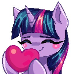 Size: 3000x3000 | Tagged: safe, artist:opal_radiance, imported from derpibooru, twilight sparkle, alicorn, pony, blush sticker, blushing, bust, commission, digital art, eyes closed, heart, hoof hold, pixel art, smiling, solo, twilight sparkle (alicorn), your character here