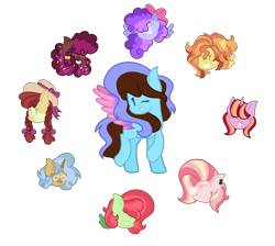 Size: 1928x1725 | Tagged: safe, artist:malta2277, imported from derpibooru, oc, oc only, earth pony, pegasus, pony, unicorn, base used, bow, braid, braided pigtails, bust, colored wings, female, freckles, glasses, gradient wings, hair bow, hat, horn, looking at you, magical lesbian spawn, mare, offspring, one eye closed, parent:apple bloom, parent:babs seed, parent:big macintosh, parent:coco pommel, parent:fluttershy, parent:pinkie pie, parent:pipsqueak, parent:rainbow dash, parent:spitfire, parent:sunset shimmer, parent:trenderhoof, parent:twilight sparkle, parents:appleseed, parents:fluttermac, parents:pinkiedash, parents:pipbloom, parents:sunfire, parents:sunsetsparkle, parents:trenderpommel, pigtails, ponysona, simple background, smiling, sprinkles in mane, transparent background, wings, wink, winking at you