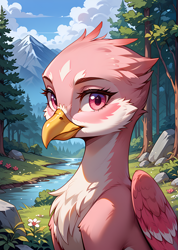 Size: 1776x2496 | Tagged: safe, imported from derpibooru, oc, oc only, griffon, ai content, ai generated, bust, cloud, female, forest, griffon oc, looking at you, nature, portrait, prompter:bluetoothworld, sky, solo, tree, water, wings