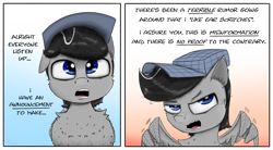 Size: 2300x1266 | Tagged: safe, artist:chopsticks, imported from derpibooru, oc, oc only, oc:chopsticks, pegasus, pony, 2 panel comic, air quotes, cheek fluff, chest fluff, chipped tooth, comic, dialogue, ear fluff, eye clipping through hair, fluffy, gradient background, hat, looking at you, male, one ear down, open mouth, pegasus oc, solo, stallion, stray strand, talking to viewer, text, wing hands, wings