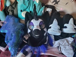 Size: 2048x1536 | Tagged: safe, artist:loveiock_, imported from derpibooru, nightmare moon, bed, fursuit head, irl, photo, ponysuit