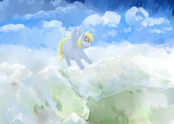 Size: 3500x2500 | Tagged: safe, artist:lupin quill, imported from derpibooru, derpy hooves, pegasus, pony, aderpose, belly, cloud, fat, flying, lineless, mountain, mountain range, painting, scenery, solo