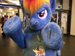 Size: 1600x1200 | Tagged: safe, artist:atalonthedeer, artist:giovannimagnus, imported from derpibooru, rainbow dash, 2018, badge, bust, eurofurence, fursuit, indoors, irl, photo, ponysuit, portrait, solo, waving