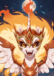 Size: 1776x2496 | Tagged: safe, imported from derpibooru, daybreaker, alicorn, pony, ai content, ai generated, armor, bust, female, helmet, looking at you, mane of fire, mare, moon, night, open mouth, portrait, prompter:bluetoothworld, sharp teeth, solo, spread wings, teeth, wing armor, wings