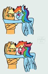 Size: 1800x2800 | Tagged: safe, artist:criaturatrix, imported from derpibooru, applejack, rainbow dash, earth pony, pegasus, pony, 2koma, appledash, applejack is not amused, blushing, crossed arms, duo, female, flirting, gray background, hey you, kabedon, lesbian, shipping, signature, simple background, smiling, smirk, unamused, white background