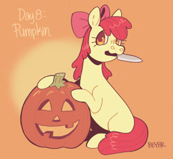 Size: 946x872 | Tagged: safe, artist:beyhr, imported from derpibooru, apple bloom, earth pony, pony, :3, bow, female, filly, foal, hair bow, halloween, holiday, jack-o-lantern, knife, looking at you, mouth hold, orange background, ponytober, ponytober 2024, pumpkin, simple background, solo, text