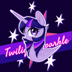 Size: 1242x1242 | Tagged: safe, artist:astralune, imported from derpibooru, twilight sparkle, alicorn, pony, black background, cutie mark, eyelashes, horn, looking at you, outline, simple background, text, wings