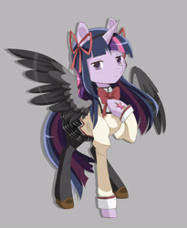 Size: 2455x3000 | Tagged: safe, artist:jitterbugjive, imported from derpibooru, twilight sparkle, alicorn, pony, anime, black wings, bowtie, clothes, crossover, gray background, hair ribbon, homura akemi, long sleeves, magical girl, pantyhose, pleated skirt, ponified, puella magi madoka magica, ribbon, school uniform, shoes, simple background, skirt, solo, soul gem, spread wings, twilight sparkle (alicorn), wings