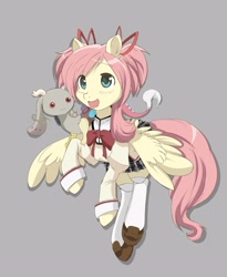 Size: 2455x3000 | Tagged: safe, artist:jitterbugjive, imported from derpibooru, discord, fluttershy, pegasus, pony, :d, anime, bowtie, clothes, cosplay, costume, duo, gray background, hair ribbon, incubator (species), kyubey, long sleeves, madoka kaname, magical girl, open mouth, open smile, pleated skirt, puella magi madoka magica, ribbon, school uniform, shoes, simple background, skirt, smiling, socks, species swap, thigh highs, uniform