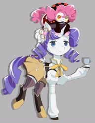 Size: 2318x3000 | Tagged: safe, artist:jitterbugjive, imported from derpibooru, pinkie pie, rarity, pony, unicorn, anime, boots, bowtie, charlotte (madoka magica), clothes, crossover, cup, female, gray background, hairpin, horn, long sleeves, magical girl, mami tomoe, mare, puella magi madoka magica, shoes, simple background, skirt, smiling, socks, soul gem, teacup, thigh highs, witch