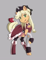 Size: 2318x3000 | Tagged: safe, artist:jitterbugjive, imported from derpibooru, applejack, earth pony, pony, :d, anime, apple, boots, clothes, crossover, dress, fangs, female, food, gray background, hat, kyoko sakura, looking at you, magical girl, mare, open mouth, open smile, puella magi madoka magica, raised hoof, shoes, simple background, smiling, socks, soul gem, thigh highs, wrist cuffs