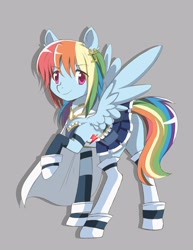 Size: 2318x3000 | Tagged: safe, artist:jitterbugjive, imported from derpibooru, rainbow dash, pegasus, pony, anime, body armor, boots, cape, clothes, crossover, detached sleeves, female, gray background, hairpin, mare, puella magi madoka magica, shoes, simple background, skirt, socks, solo, soul gem, spread wings, thigh highs, wings