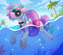 Size: 2048x1795 | Tagged: safe, artist:skysorbett, imported from derpibooru, oc, oc only, oc:wattlan leyn, earth pony, pony, bubble, clothes, coat markings, floaty, jewelry, looking at you, necklace, ocean, one-piece swimsuit, palm tree, pool toy, smiling, smiling at you, solo, swimming, swimsuit, tree, underwater, water