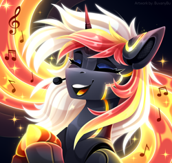 Size: 3000x2826 | Tagged: safe, artist:buvanybu, imported from derpibooru, oc, oc only, oc:velvet remedy, pony, robot, robot pony, unicorn, fallout equestria, commission, horn, microphone, music notes, roboticization, singing, solo