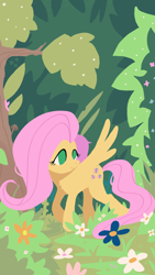 Size: 2160x3840 | Tagged: safe, artist:anonymous, imported from derpibooru, fluttershy, pegasus, pony, flower, forest, lineless, nature, solo, tree