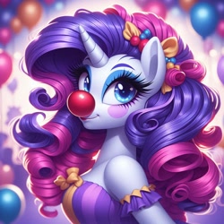 Size: 1024x1024 | Tagged: safe, imported from derpibooru, rarity, anthro, unicorn, ai content, ai generated, balloon, clothes, clown, clown nose, female, generator:bing image creator, generator:dall-e 3, horn, makeup, mare, prompter:heydude5321, red nose, solo