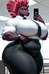 Size: 768x1152 | Tagged: safe, derpibooru exclusive, imported from derpibooru, tempest shadow, anthro, unicorn, series:office ponies, ai content, ai generated, big breasts, breasts, broken horn, busty tempest shadow, cellphone, clothes, female, generator:stable diffusion, horn, huge breasts, large butt, muscles, muscular female, necktie, office, pants, phone, prompter:professordoctorc, scar, shirt, thighs, thunder thighs, watch, wristwatch