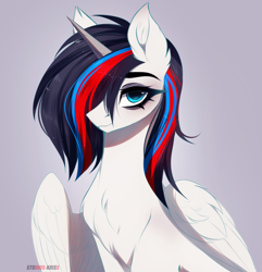 Size: 4039x4192 | Tagged: safe, artist:krissstudios, imported from derpibooru, oc, oc:eclipse, alicorn, pony, absurd resolution, alternate hairstyle, bust, female, gray background, mare, portrait, simple background, solo