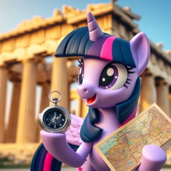 Size: 1024x1024 | Tagged: safe, imported from derpibooru, twilight sparkle, alicorn, ai content, ai generated, alternate cutie mark, athens, compass, female, generator:bing image creator, generator:dall-e 3, horn, map, mare, prompter:heydude5321, solo