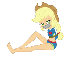 Size: 2000x2000 | Tagged: safe, artist:nie-martw-sie-o-mnie, imported from derpibooru, applejack, human, equestria girls, applejack's beach shorts swimsuit, applesub, barefoot, belly, belly button, bondage, cowboy hat, equestria girls specials, feet, female, femsub, freckles, gag, hat, my little pony equestria girls: forgotten friendship, rope, rope bondage, simple background, sitting, solo, submissive, tape, tape gag, transparent background