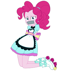 Size: 2000x2000 | Tagged: safe, artist:nie-martw-sie-o-mnie, imported from derpibooru, pinkie pie, human, coinky-dink world, eqg summertime shorts, equestria girls, apron, arm behind back, clothes, female, femsub, gag, kneeling, looking at you, my little pony equestria girls: summertime shorts, pinkiesub, roller skates, simple background, skates, solo, submissive, tape, tape gag, transparent background, uniform, waitress