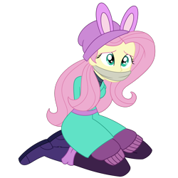 Size: 2000x2000 | Tagged: safe, artist:nie-martw-sie-o-mnie, imported from derpibooru, fluttershy, human, equestria girls, arm behind back, cloth gag, clothes, equestria girls specials, fake ears, female, femsub, fluttersub, gag, kneeling, my little pony equestria girls: holidays unwrapped, simple background, solo, submissive, transparent background, winter outfit