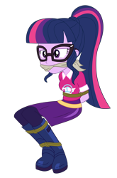 Size: 1582x2400 | Tagged: safe, artist:nie-martw-sie-o-mnie, imported from derpibooru, sci-twi, twilight sparkle, human, equestria girls, festival filters, spoiler:eqg series (season 2), bondage, boots, bound and gagged, cleave gag, cloth gag, clothes, female, femsub, gag, glasses, music festival outfit, my little pony equestria girls: better together, rope, rope bondage, shoes, simple background, sitting, skirt, solo, submissive, transparent background, twisub