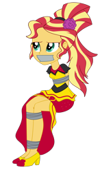 Size: 2000x3360 | Tagged: safe, artist:nie-martw-sie-o-mnie, imported from derpibooru, sunset shimmer, human, equestria girls, bondage, bound and gagged, clothes, equestria girls specials, female, femsub, flamenco dress, gag, high heels, my little pony equestria girls: dance magic, shoes, simple background, sitting, solo, submissive, subset, sunset shimmer flamenco dress, tape, tape bondage, tape gag, transparent background