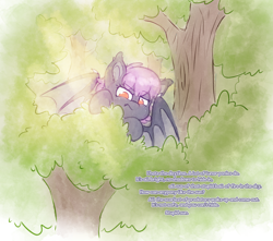 Size: 3276x2897 | Tagged: safe, artist:fluffyxai, imported from derpibooru, oc, oc only, bat pony, forest, freckles, hiding, leaves, nature, solo, tree, wings