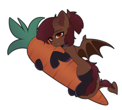 Size: 2000x1806 | Tagged: safe, artist:alunedoodle, imported from derpibooru, oc, oc only, oc:whiskey dreams, pony, carrot, clothes, fangs, food, horns, simple background, socks, transparent background