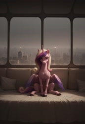 Size: 2112x3072 | Tagged: safe, imported from derpibooru, princess cadance, alicorn, pony, ai content, ai generated, city, cityscape, female, looking at you, pillow, prompter:thehyperinsectoid, scenery, sitting, solo, solo female, window