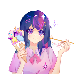 Size: 1440x1440 | Tagged: safe, artist:huaxun81146, imported from derpibooru, twilight sparkle, human, anime style, clothes, collared shirt, holding, humanized, ice cream cone, looking at you, ribbon bow tie, shirt, short sleeves, simple background, smiling, smiling at you, solo, sparkles, spoon, t-shirt, upper body, white background