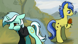 Size: 1920x1080 | Tagged: safe, artist:brella, imported from derpibooru, lyra heartstrings, oc, oc:morning dew, earth pony, pony, unicorn, fanfic:background pony, clothes, duo, hoodie, horn