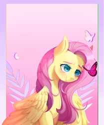 Size: 2455x2938 | Tagged: safe, artist:chunichichuni, imported from derpibooru, fluttershy, butterfly, pegasus, pony, female, gradient background, high res, looking at butterfly, mare, passepartout, signature, smiling, solo, wings