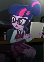 Size: 731x1033 | Tagged: safe, imported from derpibooru, screencap, sci-twi, twilight sparkle, human, equestria girls, chair, clothes, cropped, crystal prep, crystal prep academy uniform, my little pony equestria girls: friendship games, necktie, paper, sat, school tie, school uniform, schoolgirl, solo, test tube, uniform