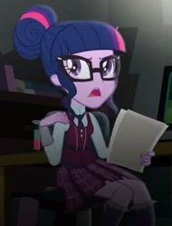 Size: 805x1062 | Tagged: safe, imported from derpibooru, screencap, sci-twi, twilight sparkle, human, equestria girls, annoyed, chair, clothes, crystal prep, crystal prep academy uniform, my little pony equestria girls: friendship games, necktie, paper, sat, school tie, school uniform, schoolgirl, solo, test tube, uniform