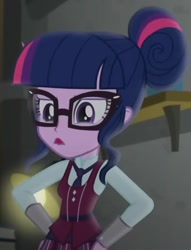 Size: 769x1007 | Tagged: safe, imported from derpibooru, screencap, sci-twi, twilight sparkle, human, equestria girls, annoyed, clothes, cropped, crystal prep, crystal prep academy uniform, hand on hip, my little pony equestria girls: friendship games, necktie, school tie, school uniform, schoolgirl, shelf, solo, uniform