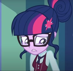 Size: 1258x1217 | Tagged: safe, imported from derpibooru, screencap, sci-twi, twilight sparkle, human, equestria girls, clothes, cropped, crystal prep, crystal prep academy uniform, hallway, my little pony equestria girls: friendship games, necktie, nervous, school tie, school uniform, schoolgirl, singing, solo, uniform