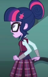 Size: 755x1213 | Tagged: safe, imported from derpibooru, screencap, sci-twi, twilight sparkle, human, equestria girls, clothes, cropped, crystal prep academy, crystal prep academy uniform, hallway, my little pony equestria girls: friendship games, necktie, nervous, school tie, school uniform, schoolgirl, singing, solo, staircase, walking