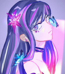 Size: 1056x1188 | Tagged: safe, artist:huaxun81146, imported from derpibooru, twilight sparkle, butterfly, human, abstract background, bust, female, humanized, portrait, solo