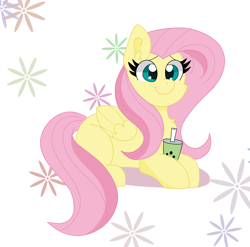 Size: 2136x2113 | Tagged: safe, artist:sparkly-retsuko, imported from derpibooru, fluttershy, pony, bubble tea, drink, lying down, prone, solo