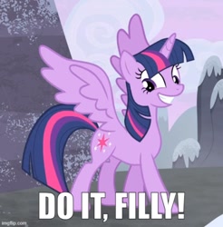 Size: 500x508 | Tagged: safe, edit, edited screencap, imported from derpibooru, screencap, twilight sparkle, alicorn, pony, season 5, the cutie map, caption, do it filly, grin, image macro, imgflip, meme, smiling, text, twilight sparkle (alicorn)