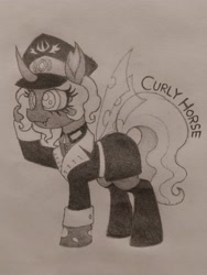 Size: 3060x4080 | Tagged: safe, artist:curly horse, imported from derpibooru, oc, oc only, oc:kitu elder, changeling, changeling queen, equestria at war mod, black and white, boots, cap, changeling oc, clothes, female, gift art, grayscale, hat, high res, military uniform, monochrome, pencil drawing, raised hoof, shoes, simple background, solo, traditional art, uniform, white mane