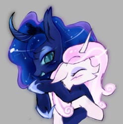 Size: 696x701 | Tagged: safe, artist:grim_the_end, imported from derpibooru, fleur-de-lis, princess luna, alicorn, pony, unicorn, female, fleur de lune, horn, hug, lesbian, open mouth, open smile, shipping, smiling