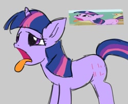 Size: 674x544 | Tagged: safe, artist:grim_the_end, imported from derpibooru, screencap, twilight sparkle, pony, unicorn, friendship is magic, alternate cutie mark, gray background, loss (meme), open mouth, scene interpretation, screencap reference, simple background, solo, tongue out, twilight sparkle is best facemaker, unicorn twilight