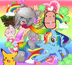 Size: 2048x1863 | Tagged: safe, artist:grim_the_end, imported from derpibooru, rainbow dash, anthro, cat, pegasus, pikachu, pony, food, group, minecraft, nyan cat, open mouth, open smile, pokémon, potato, rainbow, rainbow background, smiling, surprised pikachu